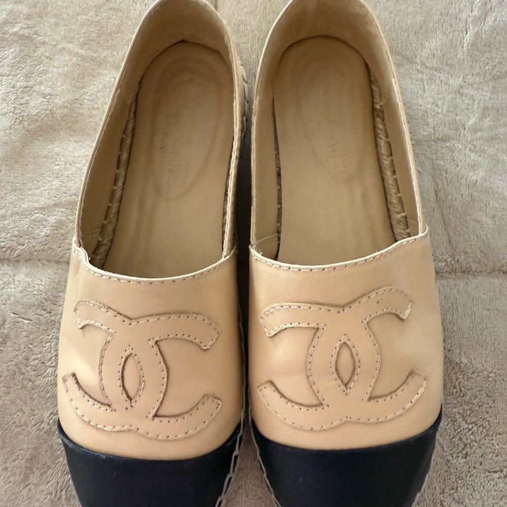 Chanel Cream and Black Espadrilles with Iconic CC Logo